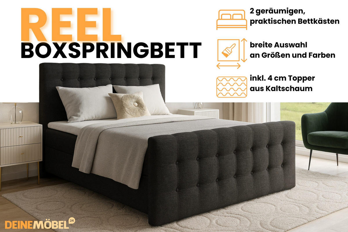 BOXBETT REEL 160/200 in Stoff Schwarz H4 - Schwarz, Holz/Holzwerkstoff (160/200cm) - Deine Möbel 24