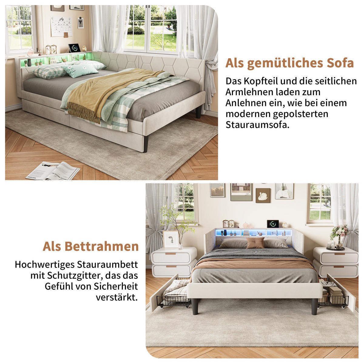 POLSTERBETT 140x200 cm, Stauraumkopf mit Ablagen, 2 Schubladen, LED und USB, Beige Samt - Beige, Holz (140/200cm) - BRILVERDE