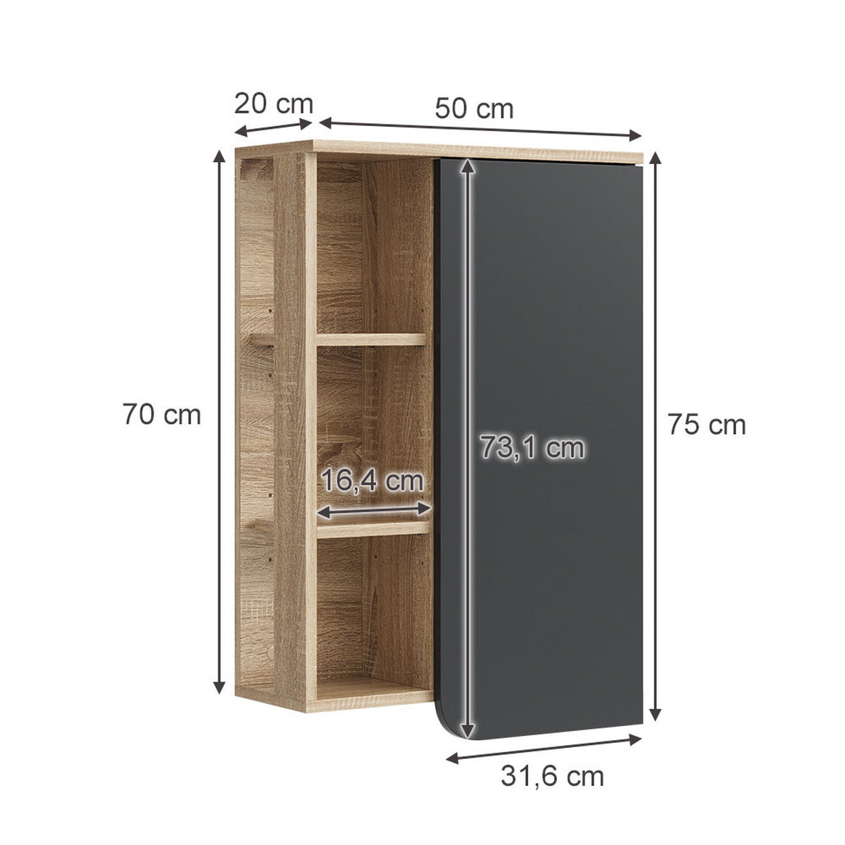 BADSCHRANK Karen Anthrazit 50 x 75 cm mit Tür und offenen Fächern - Anthrazit, Holzwerkstoff (50/75/20cm) - Vicco