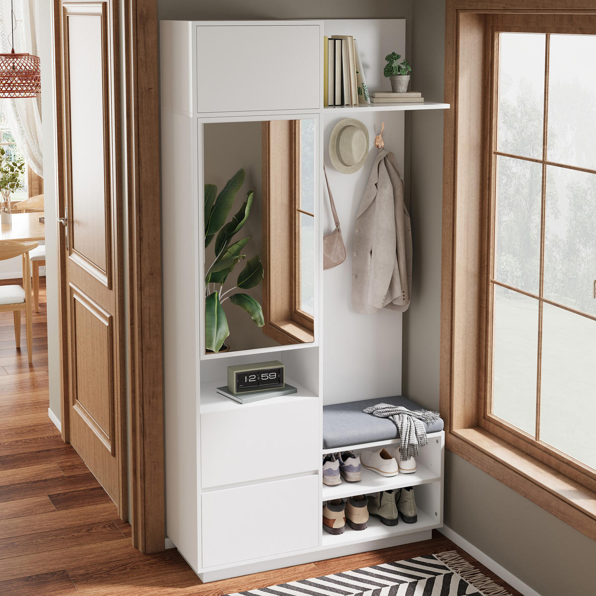 GARDEROBE Spiegel Sitzbank Schuhschrank - Weiß, Holz (90/190/34.5cm) - Fortuna Lai