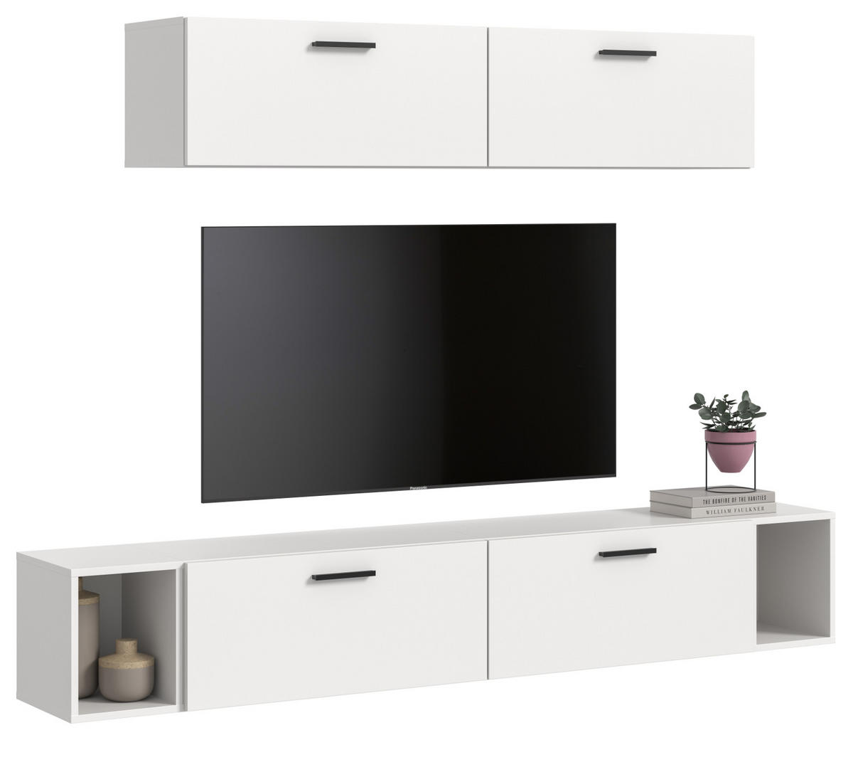 WOHNWAND weiß 202 cm, Schrankwand mit Soft-Close - Schwarz/Weiß, Holzwerkstoff/Kunststoff (202/184/34cm) - Inn.Furn