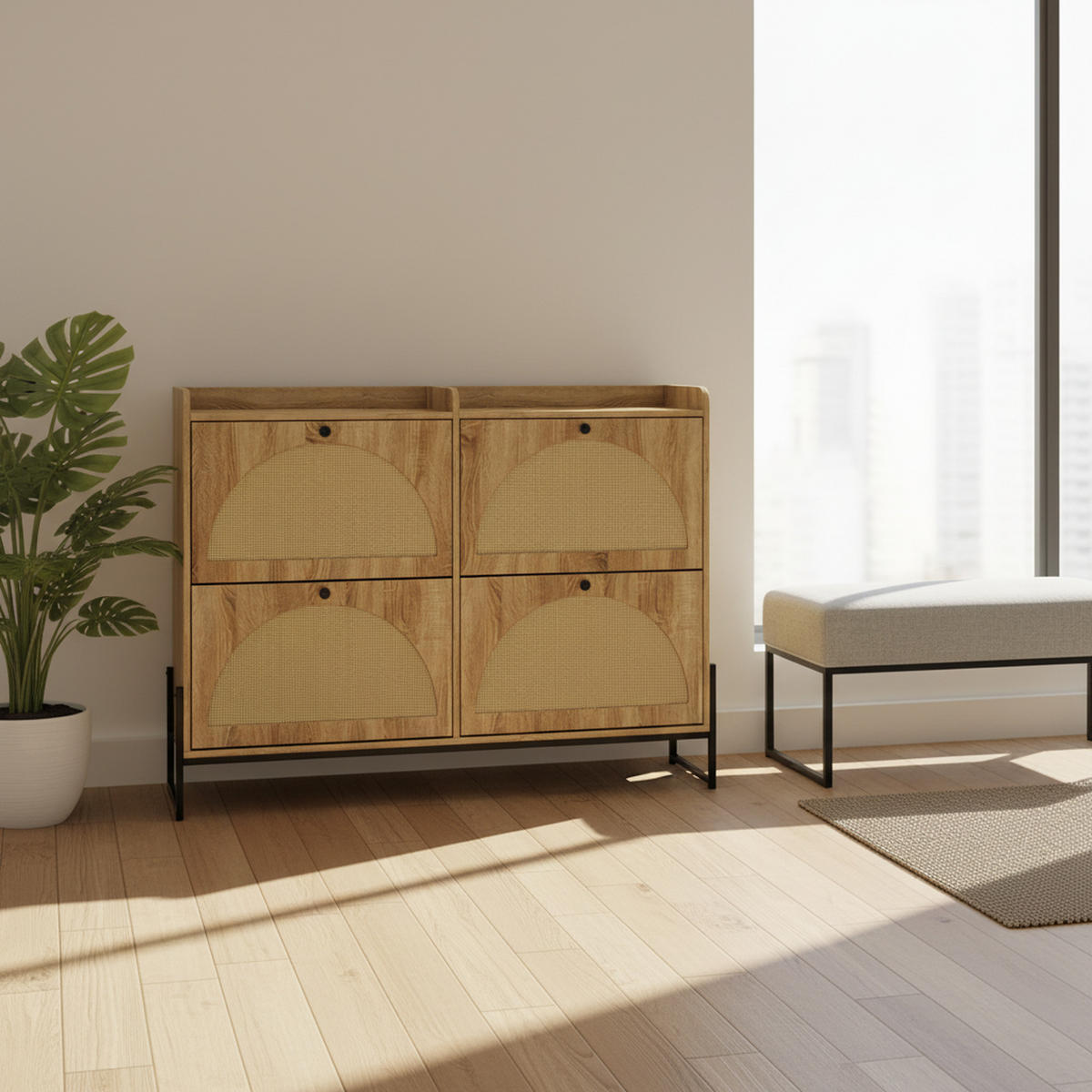 SCHMALER Schuhschrank mit 4 Klapptüren, Holz, Beige - Naturfarben, Textil (118/91.5/25cm) - Urban Meuble