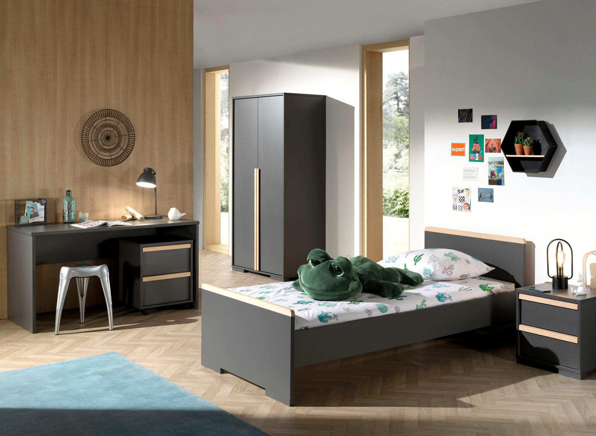 KINDERZIMMER komplett Set 5-tlg. Kariotta 8 Anthrazit Griffe Massivholz - Anthrazit, Holzwerkstoff (540/1/302cm) - 58aufmkessel