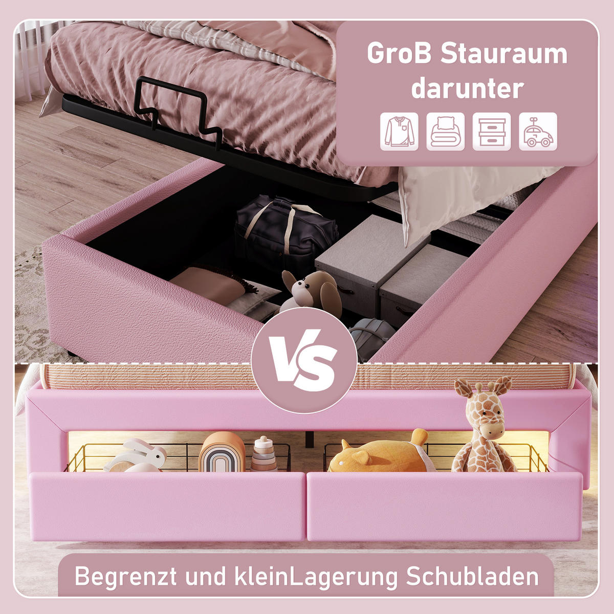 POLSTERBETT 90x200cm Rosa PU Kronprinzessinnenform Hydraulik LED-Licht - Pink, Holz (90/200cm) - FLIEKS