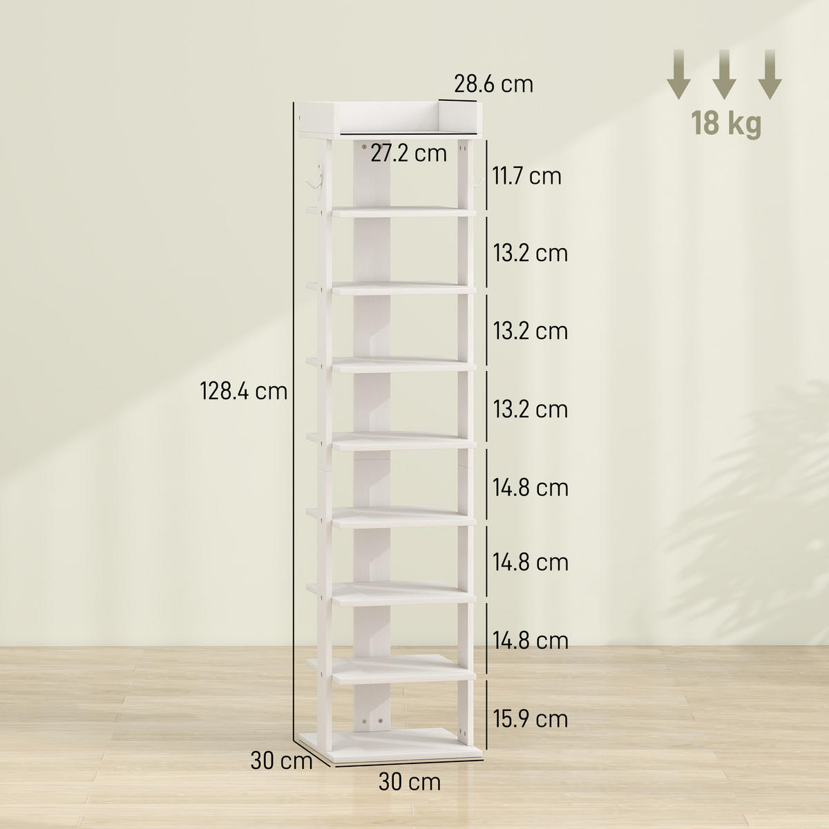 SCHUHREGAL,9-STÖCKIG für Eingangsbereich,weiß - Weiß, Holzwerkstoff (31/128.4/30cm) - Vallsero