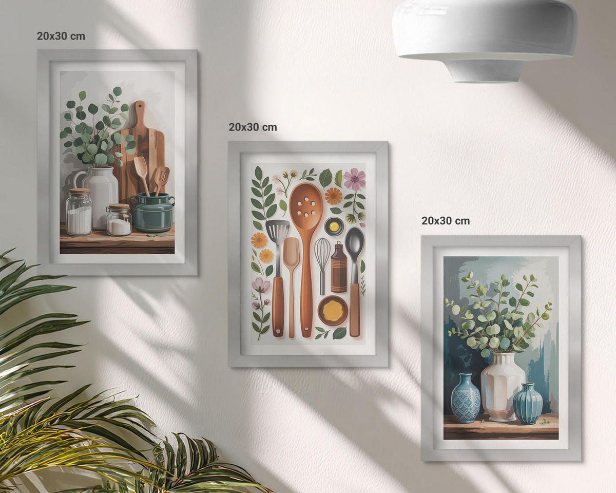 WANDBILDER 3er Set - 20x30 cm Silberner Rahmen - Küchenaccessoires auf pflanzlicher Basis - Silberfarben, Kunststoff (20/30cm) - ArtPrintCave