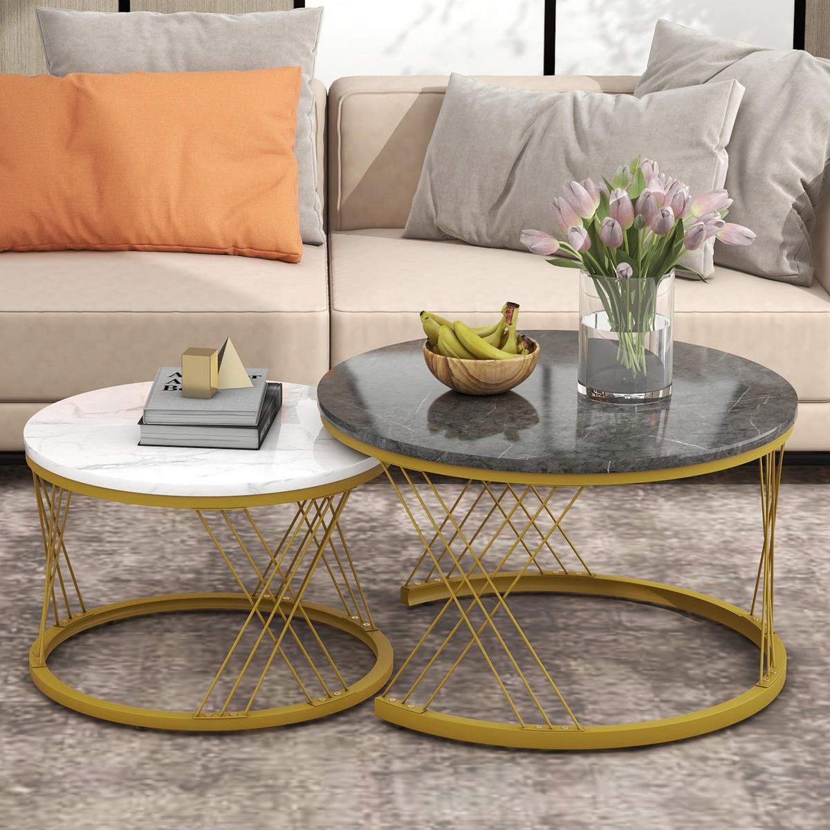 COUCHTISCH-SET 70/45 cm mit Marmordekor & Nesting-Funktion - Grau, Holzwerkstoff (70/70/45cm) - BEAOK