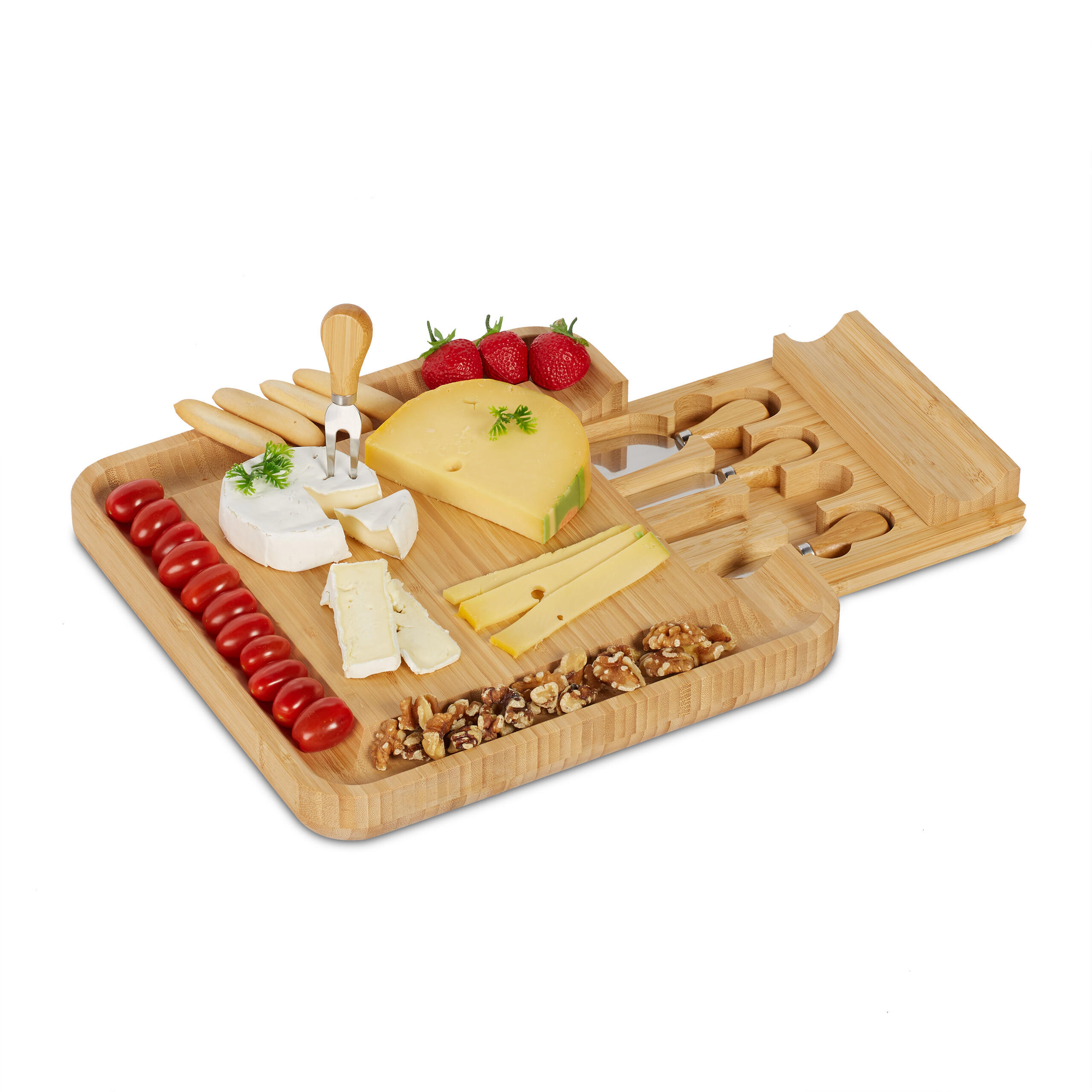Relaxdays DOSKA Prírodná bambus na syr 4-dielna-súprava 33x33 cm