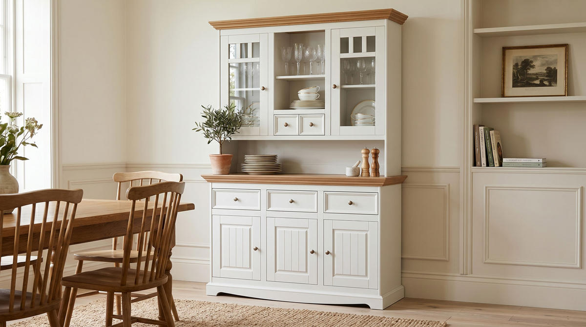 BUFFETSCHRANK Belluno Elegante Kiefer weiß (RAL9010) lackiert / Kiefer gebeizt, Eichefarben 130 / 45 / 190cm - Eichefarben/Weiß, Holz/Metall (130/190/45cm) - Feldmann-Wohnen