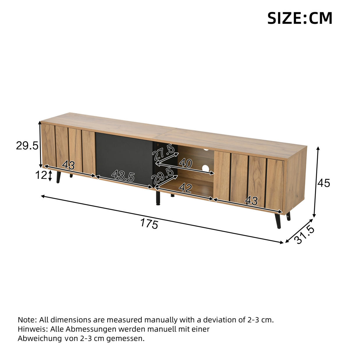 TV-LOWBOARD 175/31,5/45 cm mit 3 Türen und Glasfach, für TV bis 75 Zoll, Holzfarben/Schwarz - Hellbraun, Holzwerkstoff (175/45/31.5cm) - Redom
