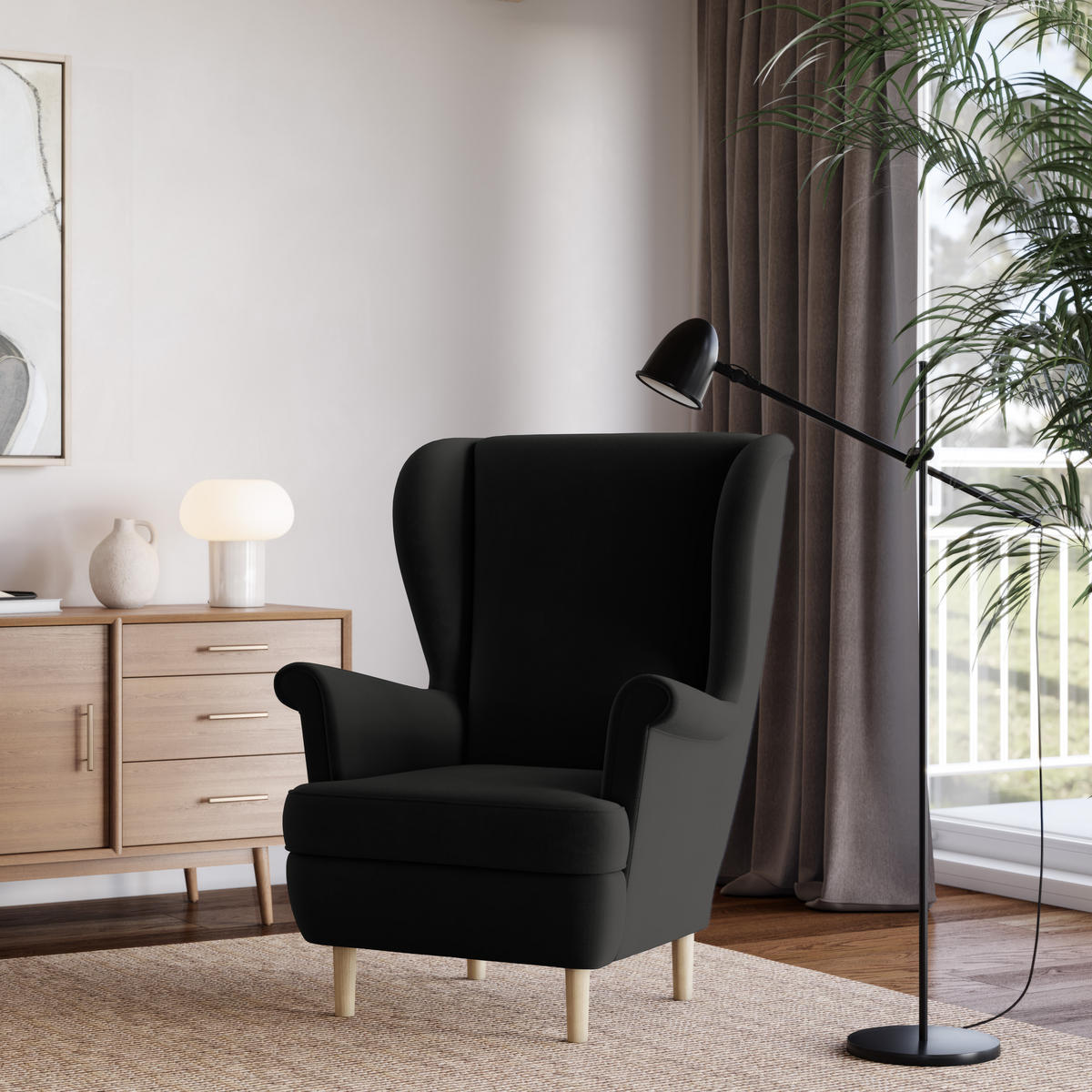 SESSEL LENTIO Ohrensessel Polstersessel, Schwarz - Schwarz, Holz/Holzwerkstoff (75/103/75cm) - MASSENO