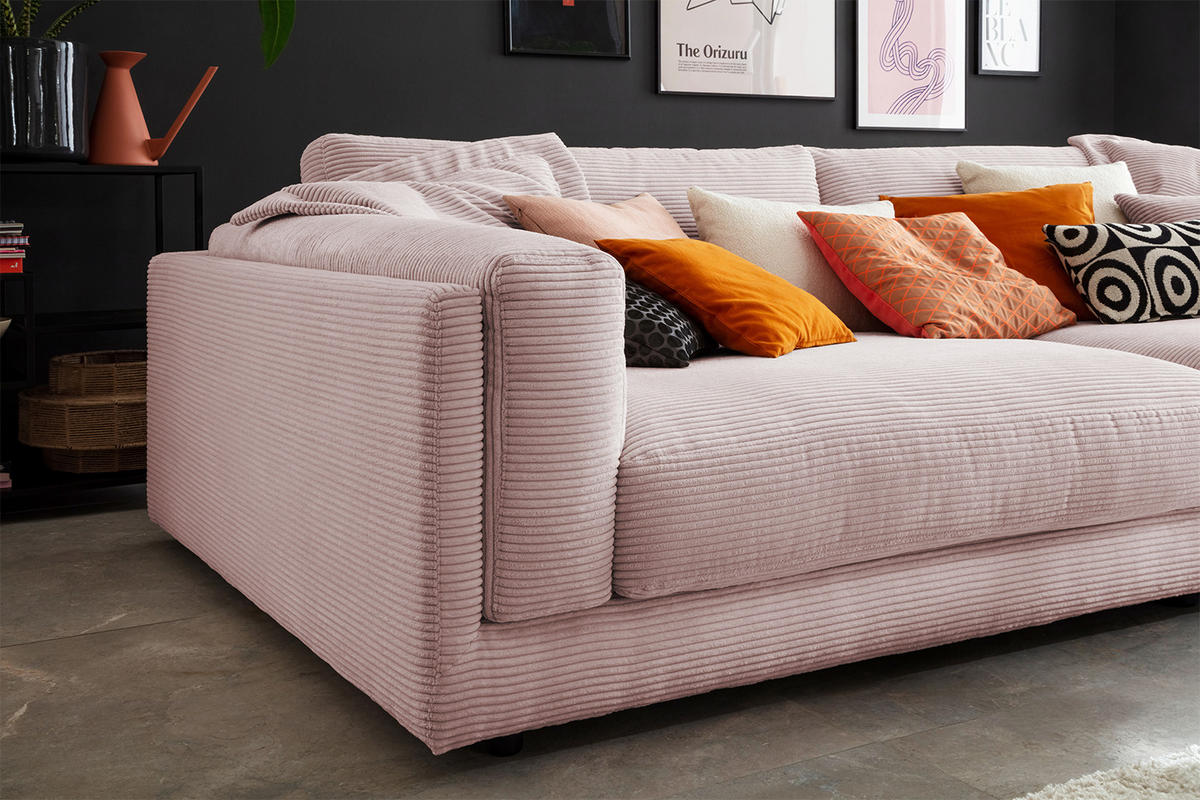 BIG SOFA RAINA Pink Cord - Pink/Schwarz, Kunststoff/Textil (294/85/150cm) - KAWOLA