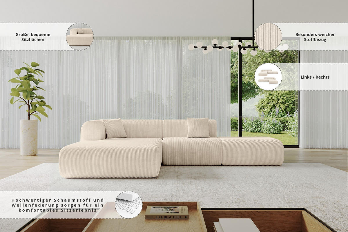 ECKSOFA Ottomane Links OVLY-L 289x176x71 Beige Cord - Kaschmir/Beige, Holzwerkstoff/Kunststoff (176/289cm) - ALTDECOR