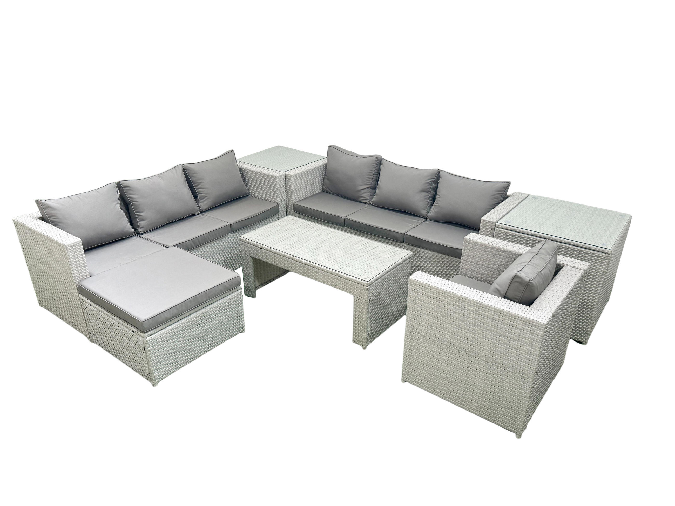 GARTENSOFA hohe Rückenlehne Polyrattan Hellgrau-Mix 8-Sitzer - Hellgrau/Grau, Glas/Kunststoff - Fimous