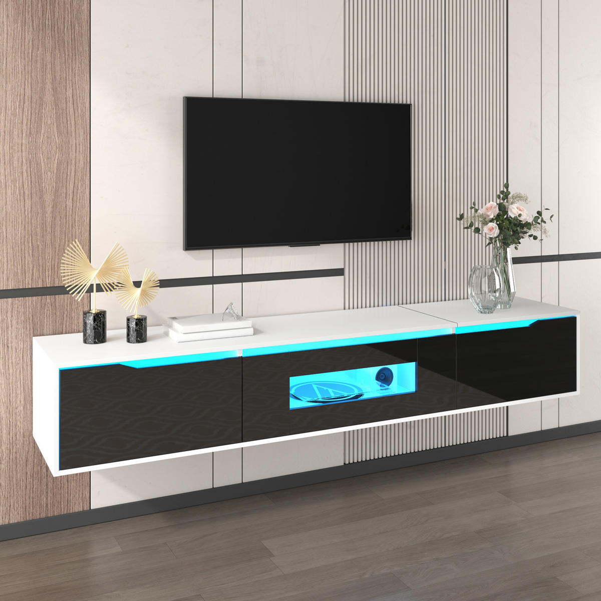 TV-SCHRANK 180/30/35 cm weiß Hochglanz mit LED-Beleuchtung, 16 Farben - Schwarz, Holzwerkstoff (180/35/30cm) - OKWISH