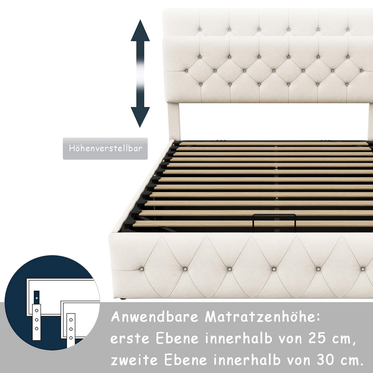 POLSTERBETT 140x200 cm mit Bettkasten und Hydraulik, Doppelbett mit Lattenrost und Kopfteil, Bett 140x200, Samtstoff, Beige - Beige, Textil/Metall (140/200cm) - GENKI LIVING