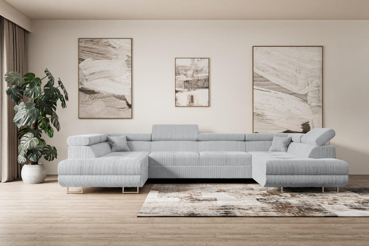 WOHNLANDSCHAFT mit Schlaffunktion und Bettkasten GUSA-U 342x202x107 cm Grau Cord - Silberfarben/Grau, Holzwerkstoff/Textil (342/107/202cm) - ALTDECOR