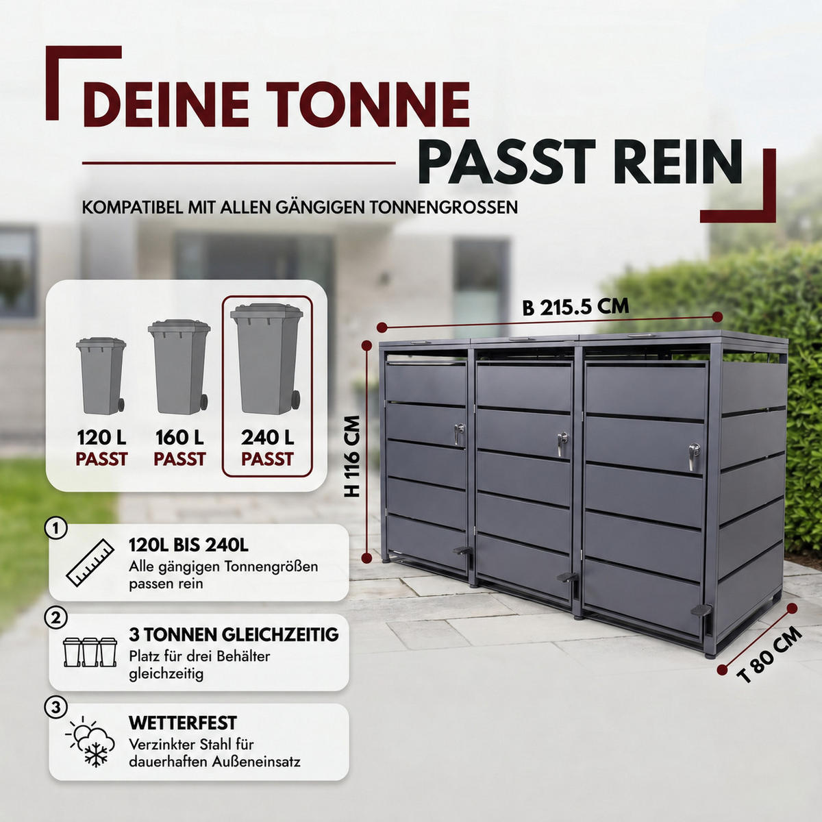 MÜLLTONNENBOX mit Pedal 3er, MTL3 - Anthrazit, Metall (216/116/80cm) - Albatros