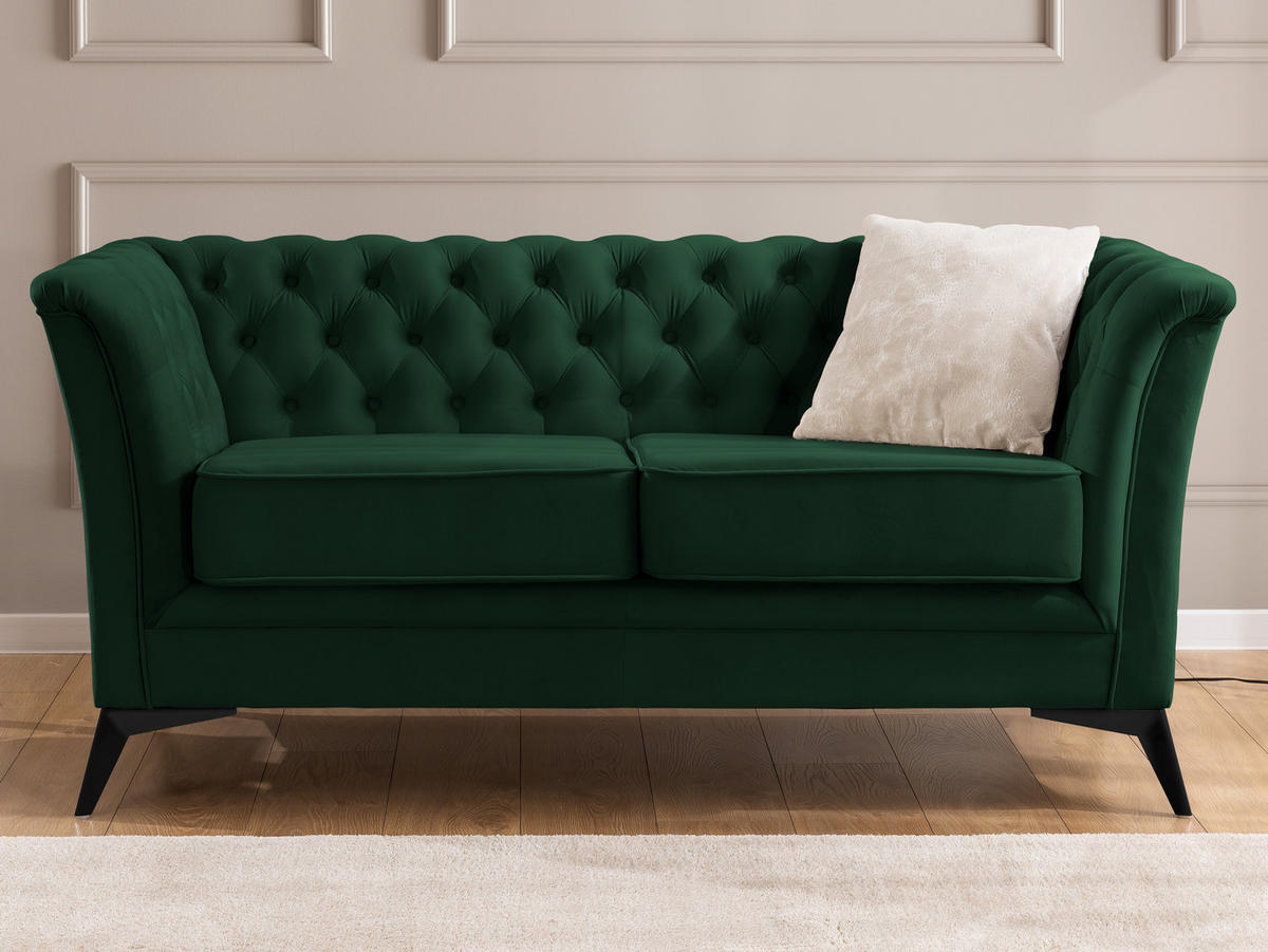 SITZGARNITUR 2+1 Chesterfield Whitby Flaschengrün Samt mit schwarzen Füßen - Dunkelgrün/Schwarz, Holz/Textil (175/78/82cm) - S-Style Möbel
