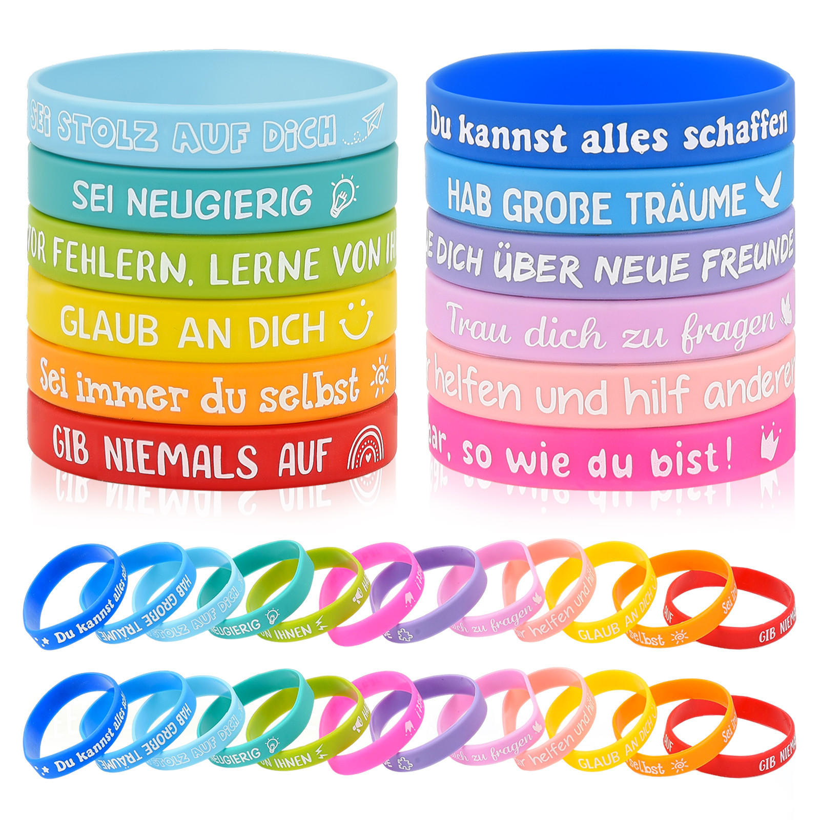 24 Stück Motivationsarmbänder Kinder, 6cm Silikon Armband, kleine geschenke für kinder, Abschiedsgeschenk Schüler Grundschule - Multicolor, Textil (18/1.2/6cm)