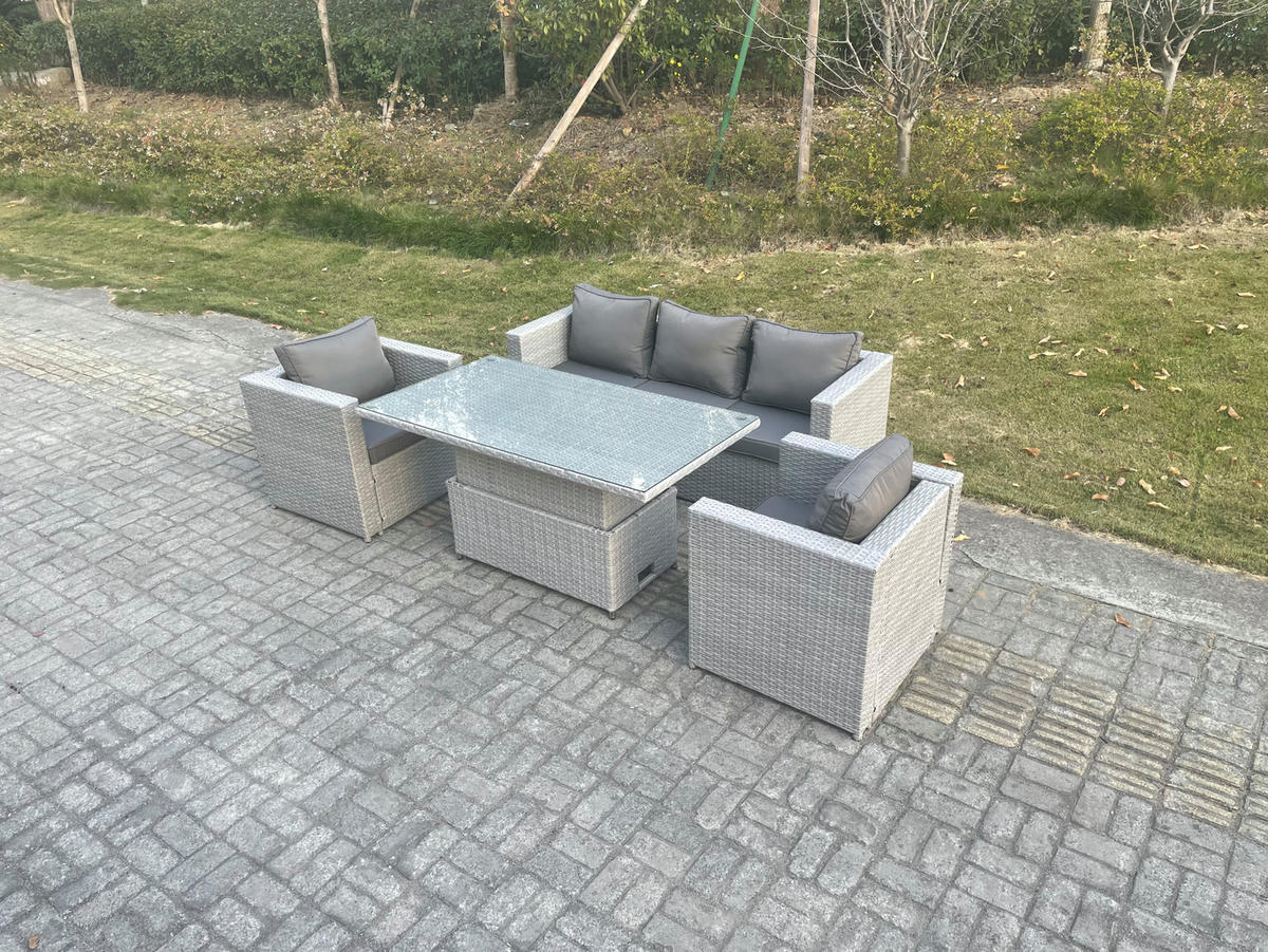 GARTENSOFA SET mit höhenverstellbarer Tisch Polyrattan Helles Grau 5-Sitzer - Hellgrau, Metall - Fimous