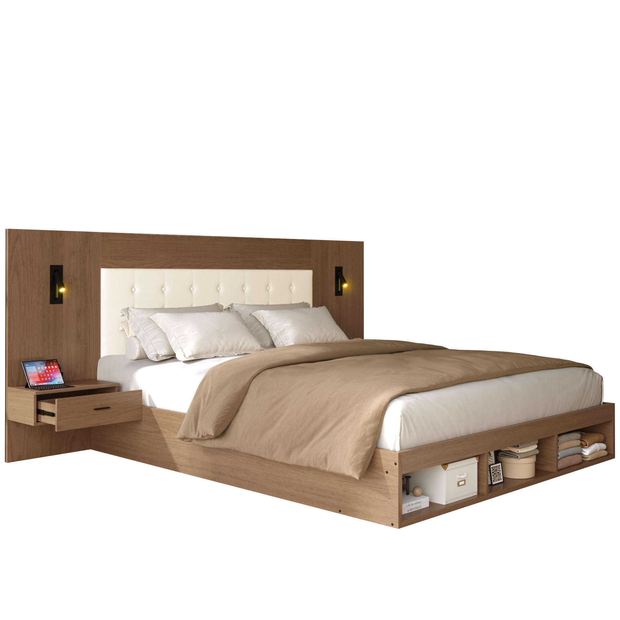 BETT 180/200 cm in Walnuss mit Ablagen, Leselampen und USB/Type-C MDF-Design - Walnussfarben, Holzwerkstoff/Metall (180/200cm) - STILVORA
