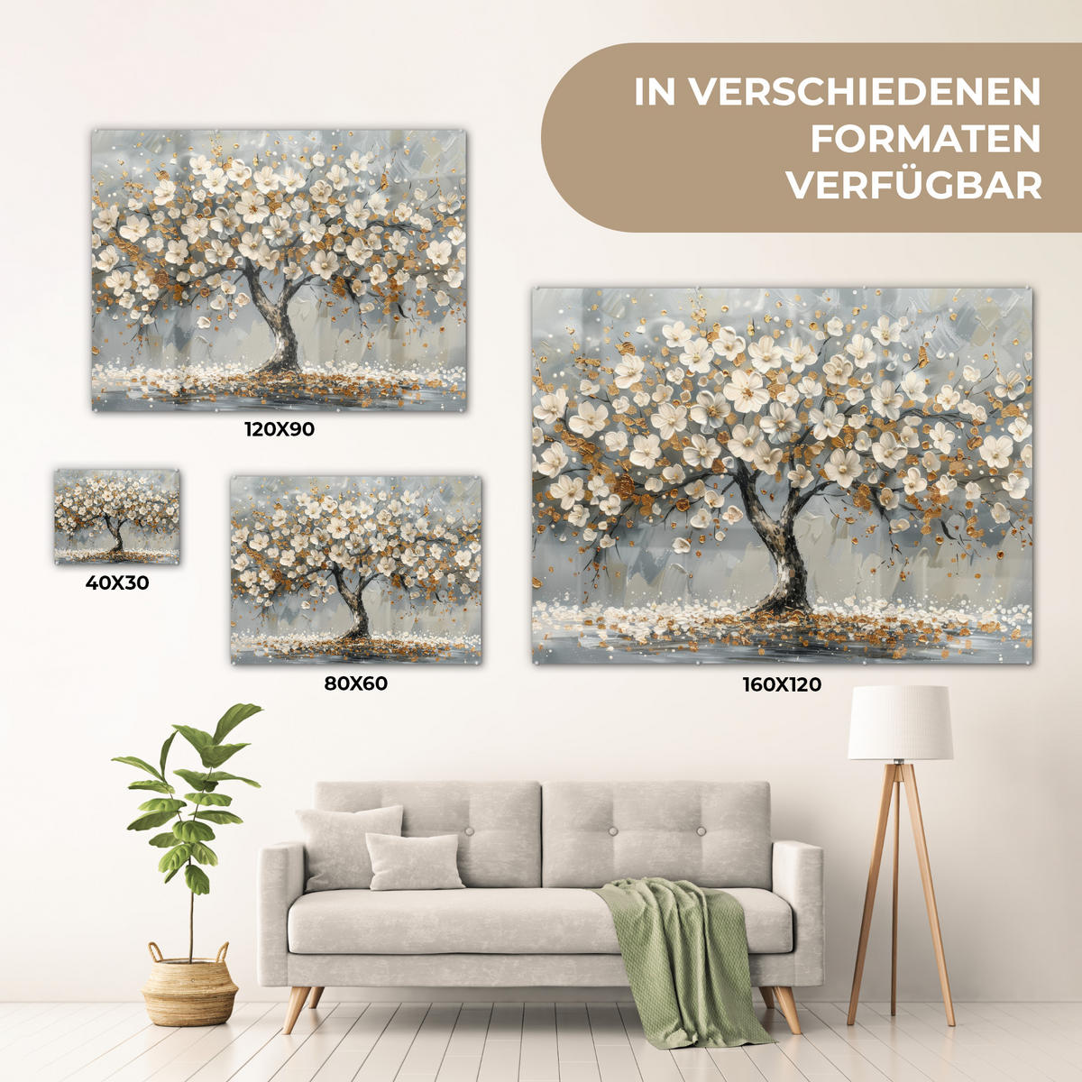 ACRYLGLASBILD Baum - Blumen - Weiß - Natur - Kunst 80x60 cm - Weiß, Glas (80/60cm) - MuchoWow