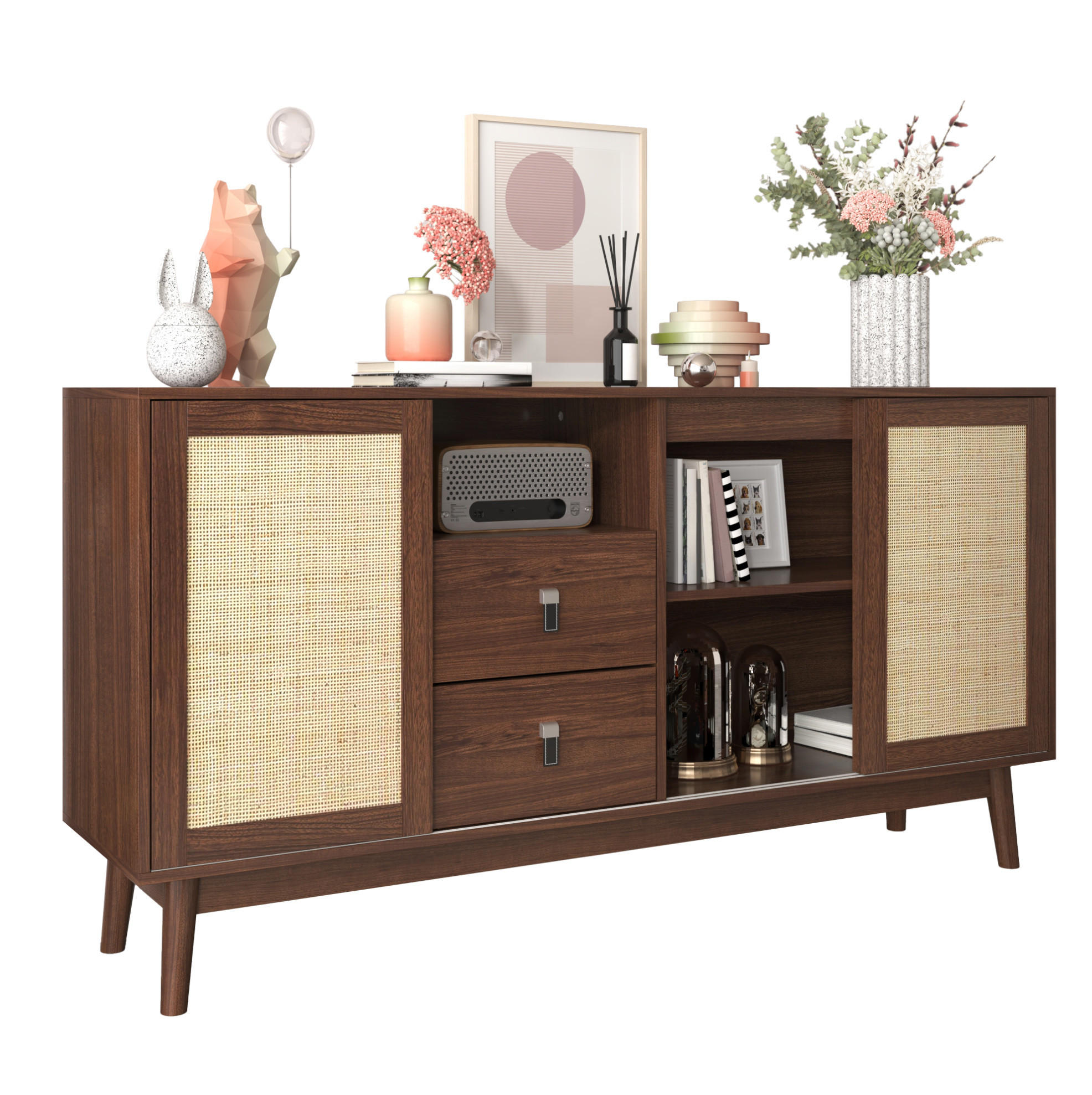 SIDEBOARD mit 3 Schiebetüren und 2 Schubladen 155 x 38 x 80 cm dunkles Holz - Dunkelbraun, Holzwerkstoff (155/80/38cm) - Meubliv