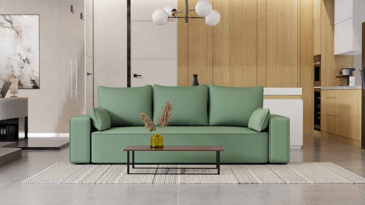 SOFA Vens mit Bettkasten und Schlaffunktion, Cordstoff - Mintgrün, Holzwerkstoff (242/85/95cm)