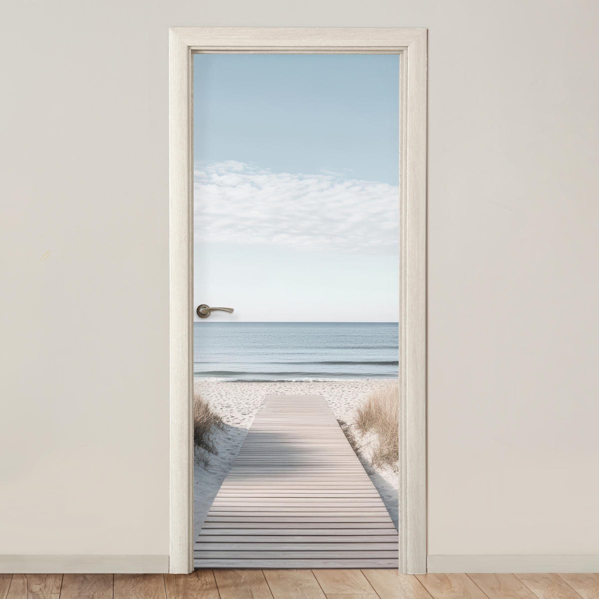 NALEPKA ZA VRATA Leseni pomol na plaži 85x205 cm - svetlo siva, umetna masa (85/0.1cm) - MuchoWow
