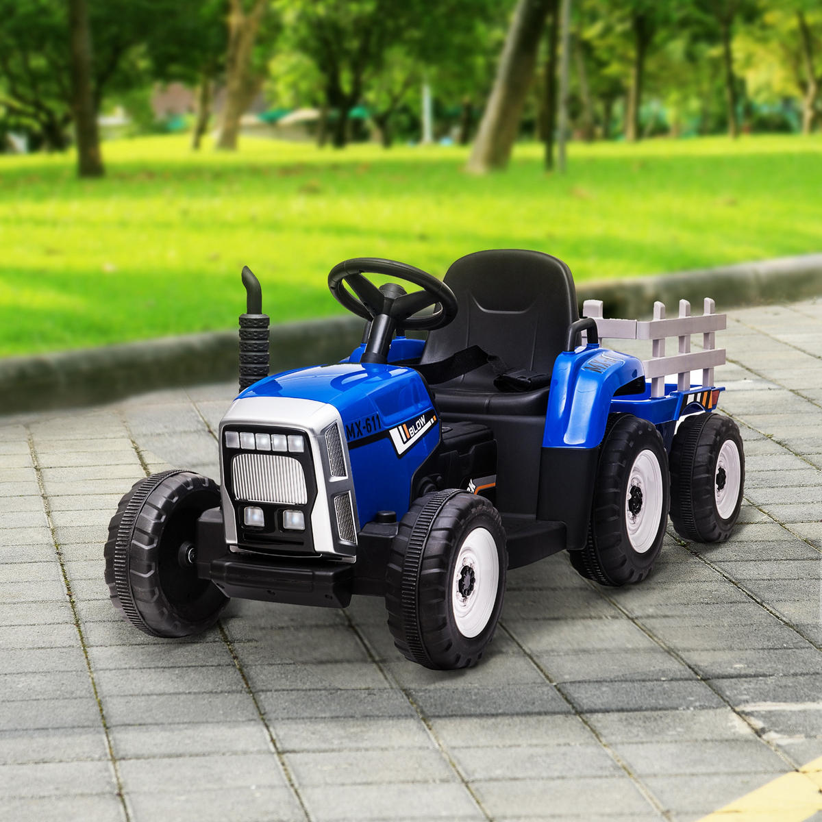 ELEKTRISCHER Traktor Kinder Aufsitztraktor mit MP3 Funktion, 3-6KM/H, Blau - Blau, Metall (136.5/50/52.5cm) - HOMCOM