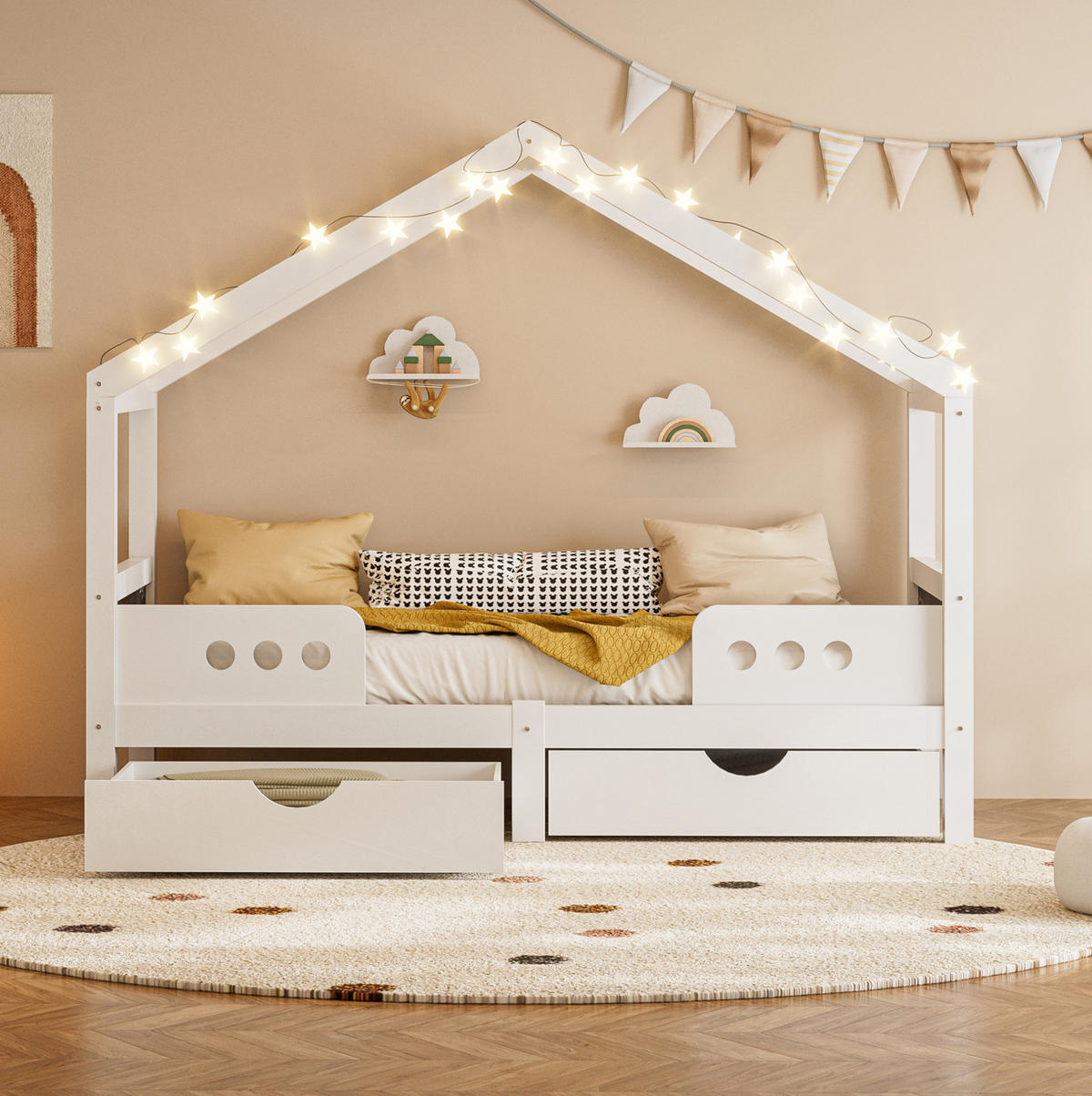HAUSBETT mit Dachdesign 90/200 cm weiß mit 2 großen Schubladen - Weiß, Holz (90/200cm) - OKWISH