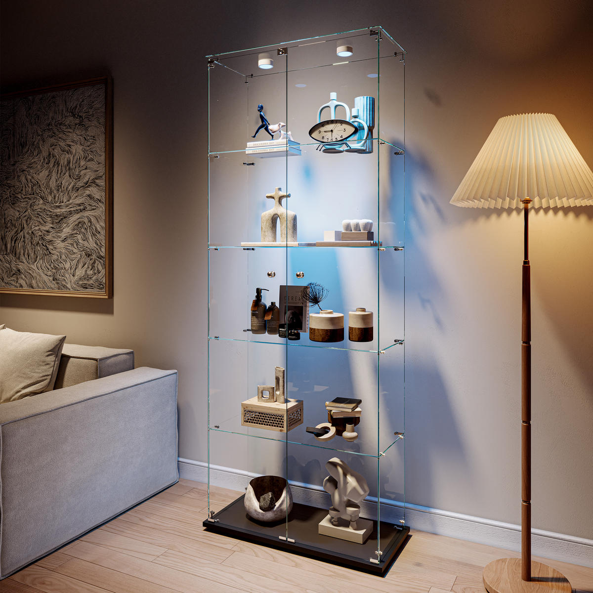 GLASVITRINE 187x77x35 cm 2 Türen LED Touch freistehend schwarz - Schwarz, Holz (78.5/186.5/34.5cm) - Fortuna Lai