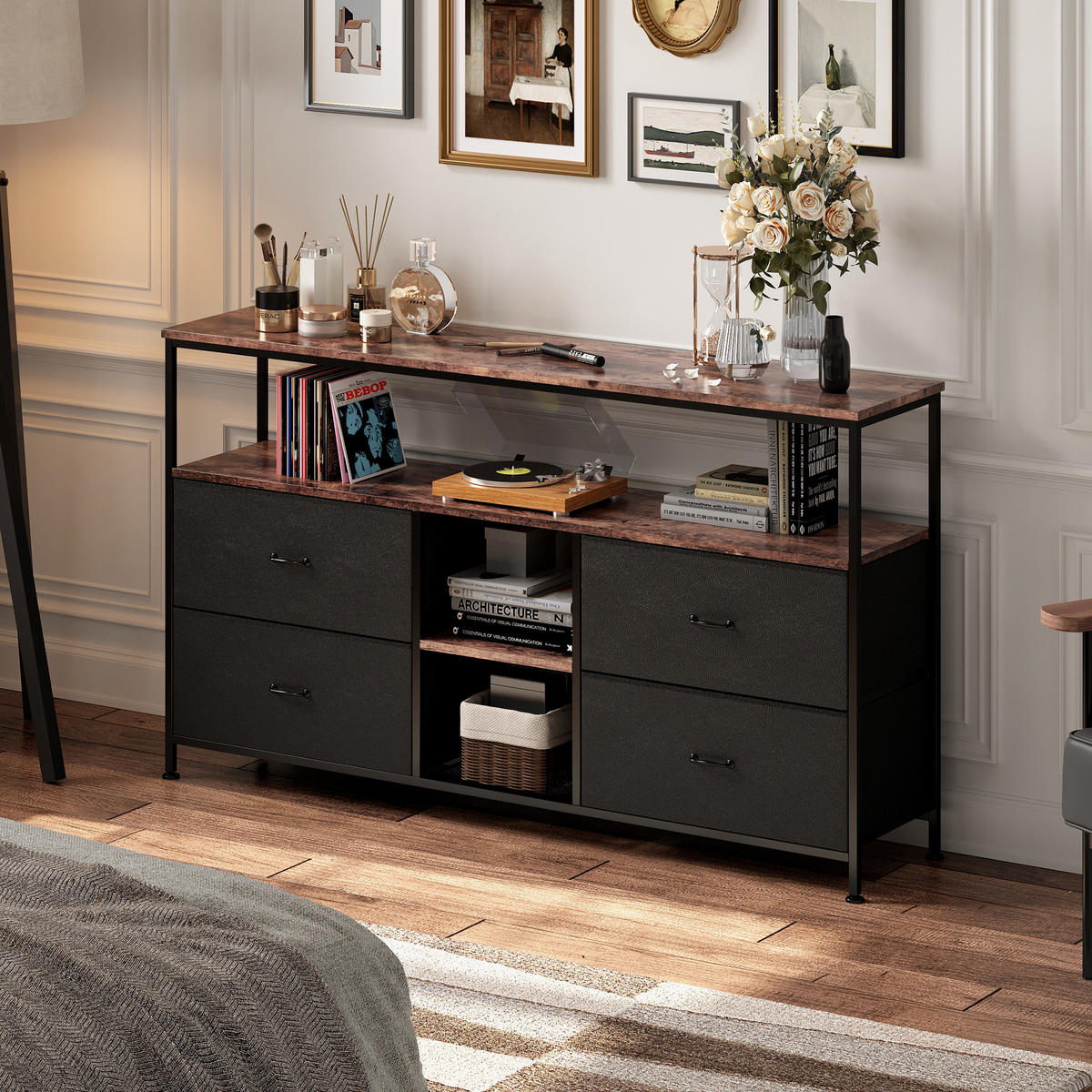 TV-SCHRANK 137 CM - Tigerholz-Optik mit Tigerholz-Stoffschubladen - Schwarz, Holz (30/78/137cm)
