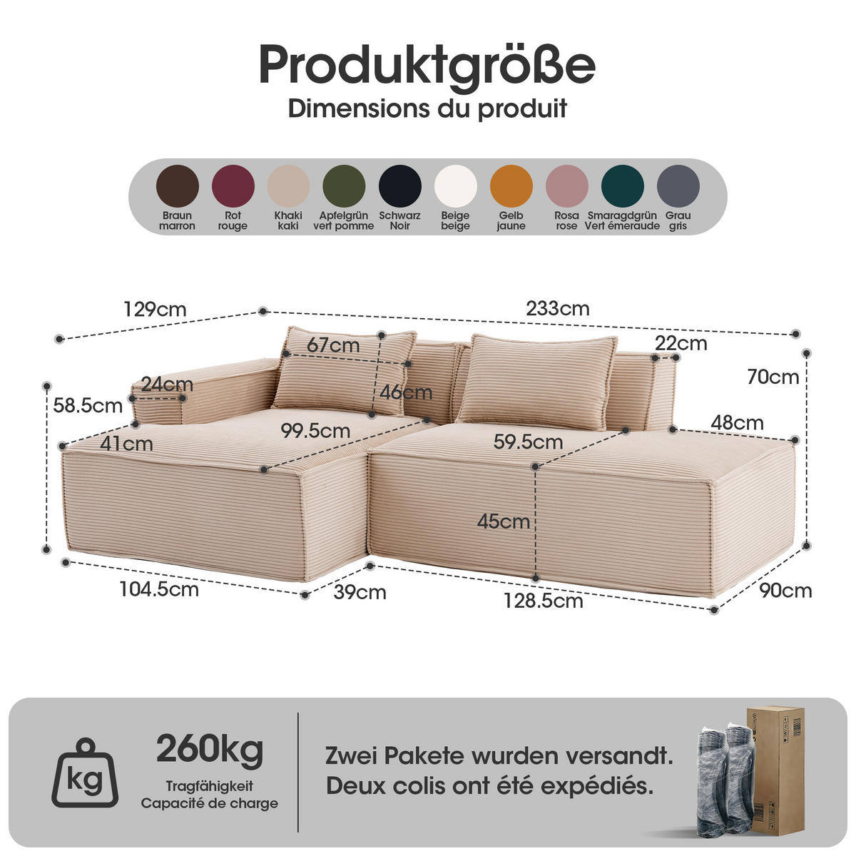 ECKSOFA polyester L-form mit taschenfederkern & 2 kissen - Hellgelb, Textil (235/129cm) - Urban Meuble