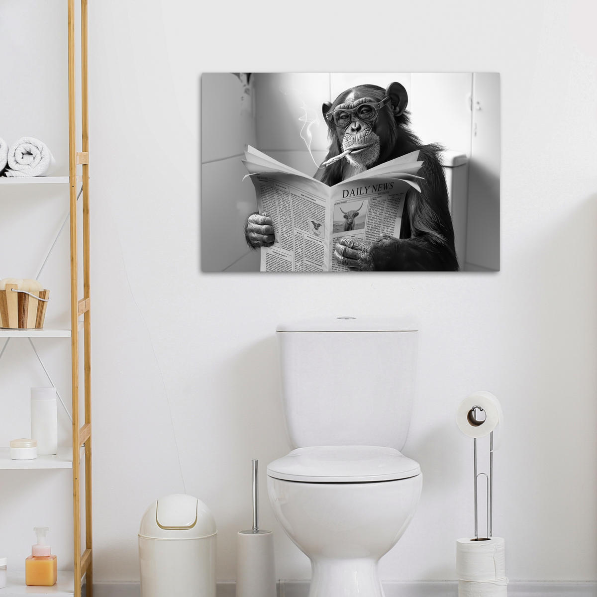 LEINWANDBILD Affe - WC - Zeitung - Schwarz-Weiß - Humor Wanddeko 90x60 cm - Hellgrau, Textil (90/60cm) - MuchoWow