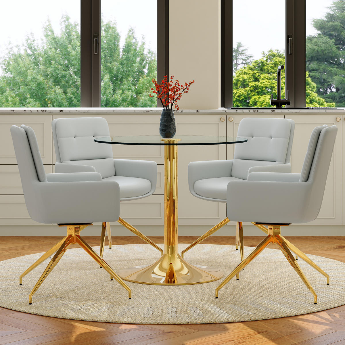 ESSGRUPPE DE-39476 5-teilig, Glastisch und 4 Drehstühlen mit Knopfverzierung Hellgrau - Hellgrau, Metall (85/75/85cm) - ComfortXL