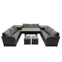 GARTENTISCHGRUPPE mit 2 Hocker 2 Beistelltischen Polyrattan Dunkelgrau 11-Sitzer - Dunkelgrau/Grau, Glas/Kunststoff - Fimous