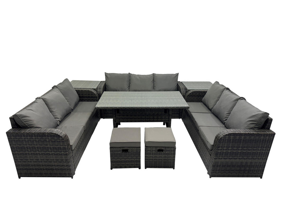 GARTENTISCHGRUPPE mit 2 Hocker 2 Beistelltischen Polyrattan Dunkelgrau 11-Sitzer - Dunkelgrau/Grau, Glas/Kunststoff - Fimous