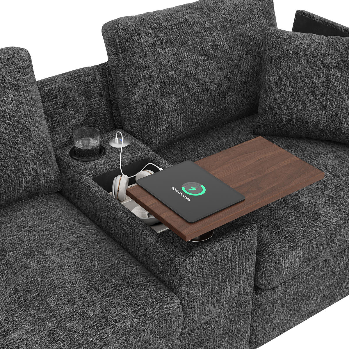 ECKSOFA mit USB/Type-C, Stauraum und drehbarem Couchtisch - Grau, Textil (313/147cm) - EVRYAE