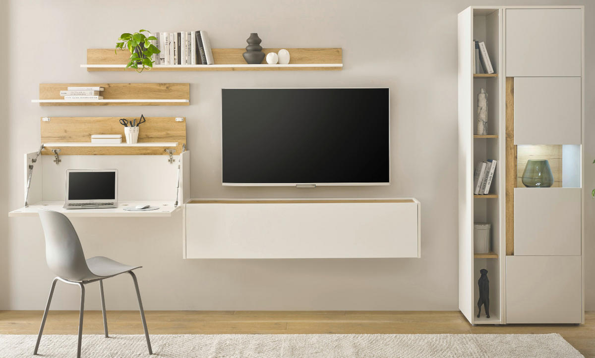 WOHNWAND weiß, Eiche Wotan 6-teilig 340 cm, Wohnkombination mit Sekretär - Eiche Wotan/Schwarz, Glas/Holzwerkstoff (340/200/40cm) - Furn.Design