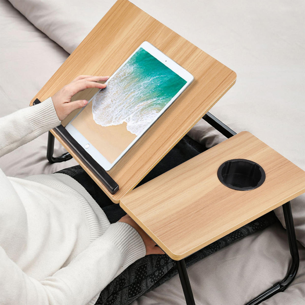 LAPTOP-BETTTISCH mit Getränkehalter Verstellbarer, klappbarer – Naturholzoptik, 56x32,5x24 cm - Naturfarben, Metall (32.5/56/24cm) - Livingandhome