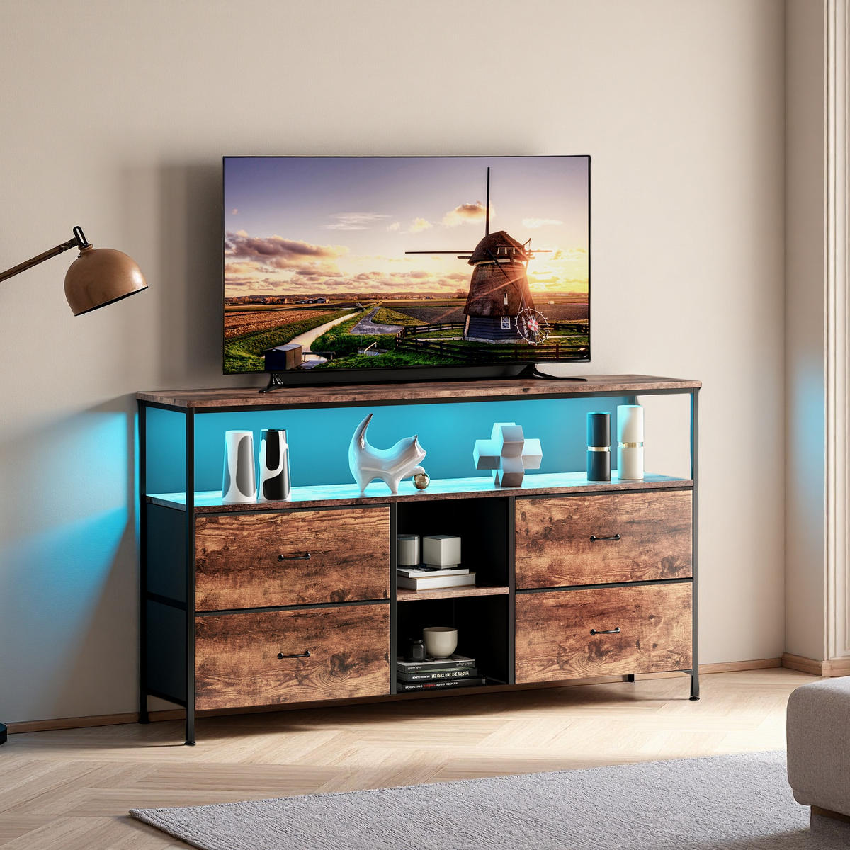 TV-SCHRANK mit Retro-Holzoptik, LED-Licht & 4 Stoffschubladen - Braun, Holzwerkstoff (29.8/76.8/108cm) - SHOPENTRA