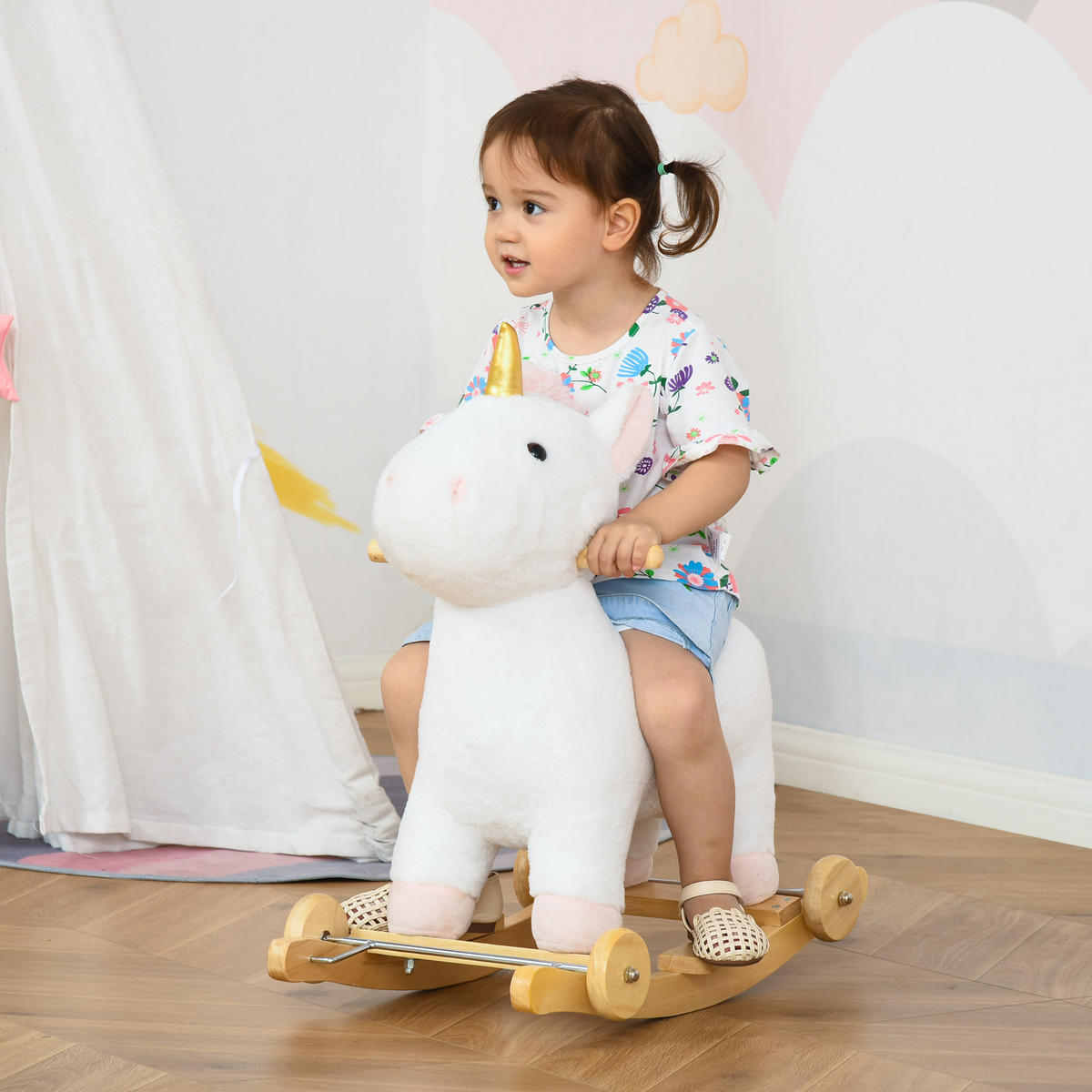 KINDER SCHAUKELTIER, Weiß, Plüsch+ Holz - Weiß, Holz (38/63/63cm) - HOMCOM