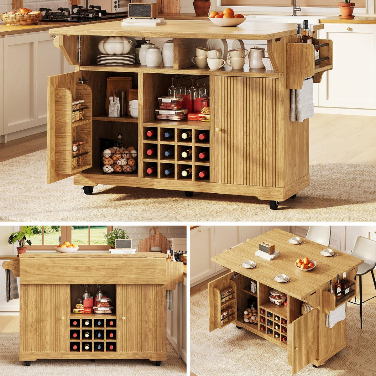 KÜCHENINSEL ausklappbar mit Stauraum, Naturbraun, MDF/Metall, 142,5/80/95 cm - Naturfarben, Kunststoff (80/95/142.5cm) - Rolipo