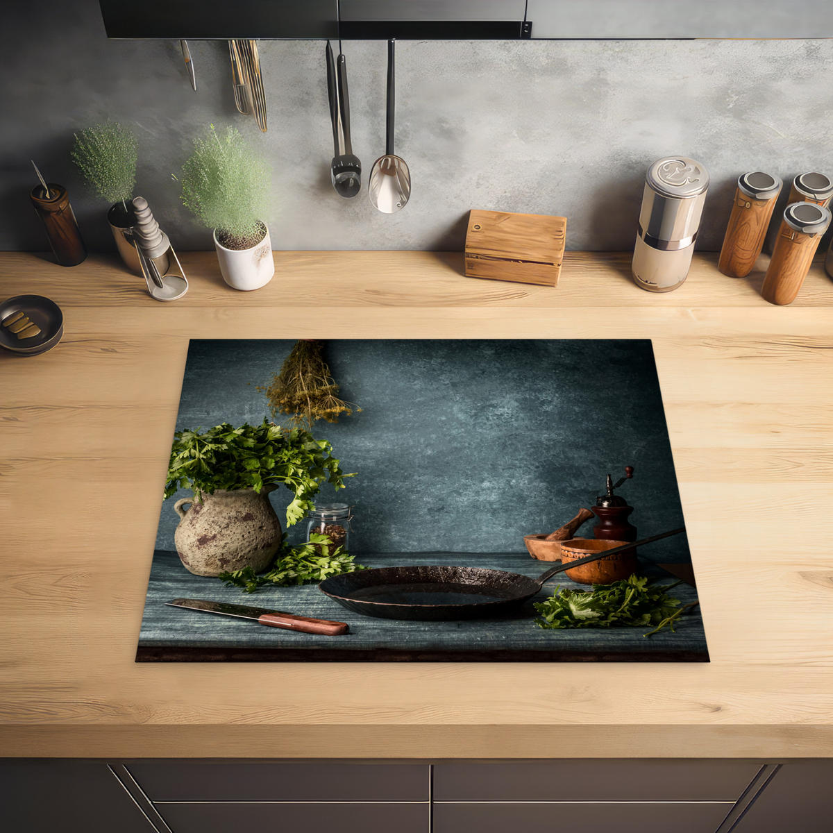 HERDABDECKPLATTE Kräuter - Gewürze - Pfanne - Messer - Grau - Rustikal 65x52 cm - Petrol, Kunststoff (65/0.2/52cm) - MuchoWow