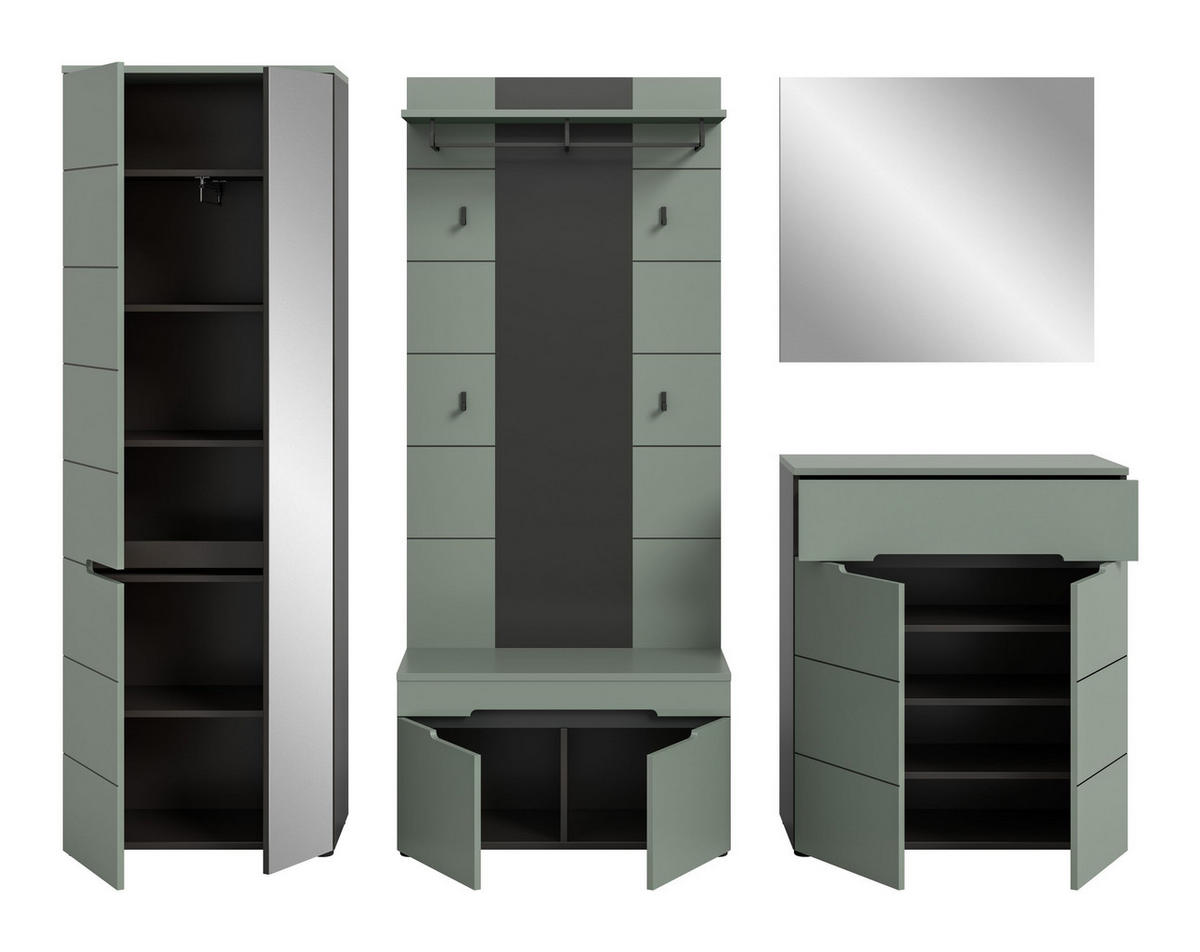 GARDEROBE Nova (B/H/T: ca. 255/190/37 cm) 5 tlg. in Basalt grau/Smoke Green - Grau, Holzwerkstoff (255/190/37cm)