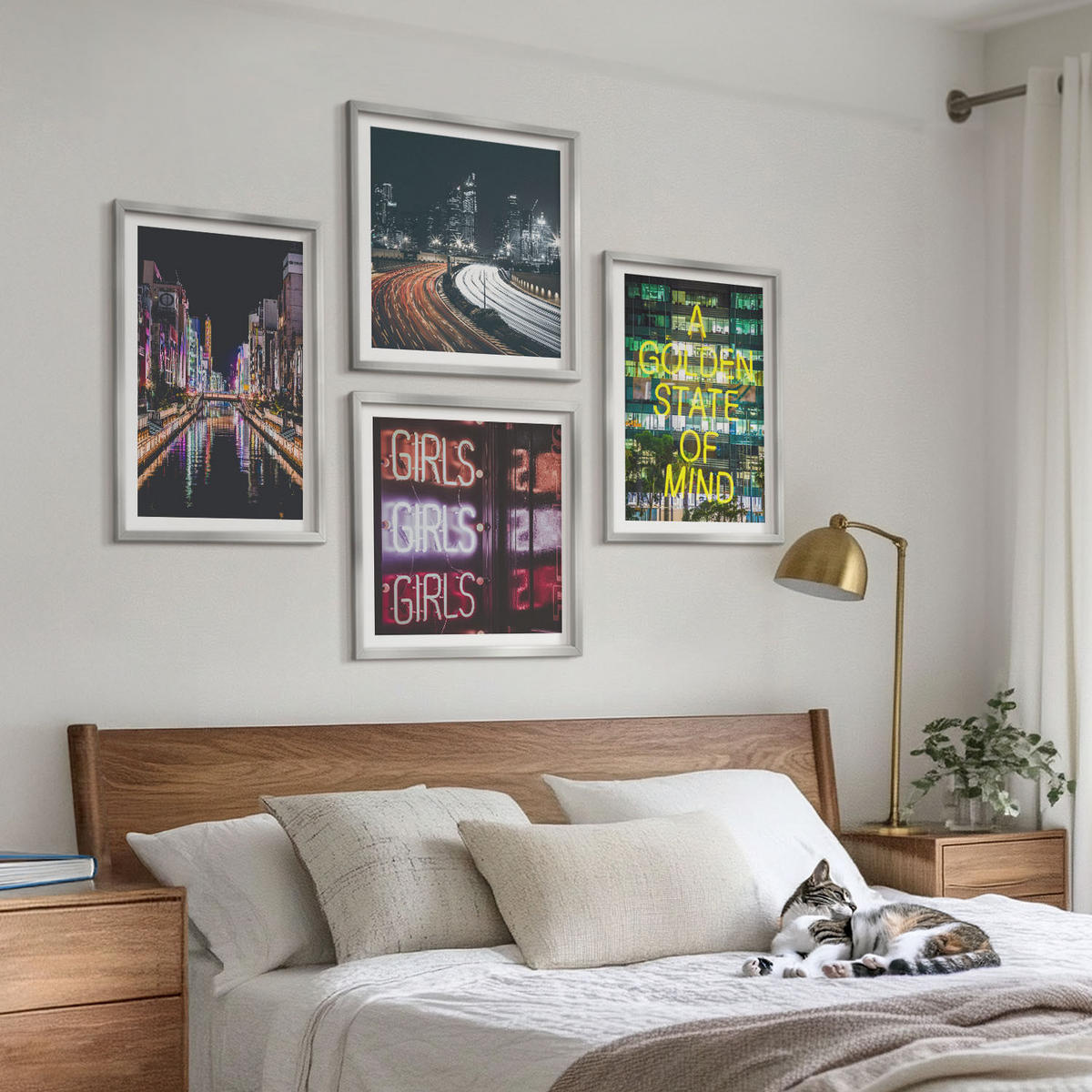 WANDBILDER 4er Set - 50x50 cm & 40x60 cm Silberner Rahmen - Neonreklamen in der Stadt bei Nacht - Silberfarben, Kunststoff (50/50cm) - ArtPrintCave