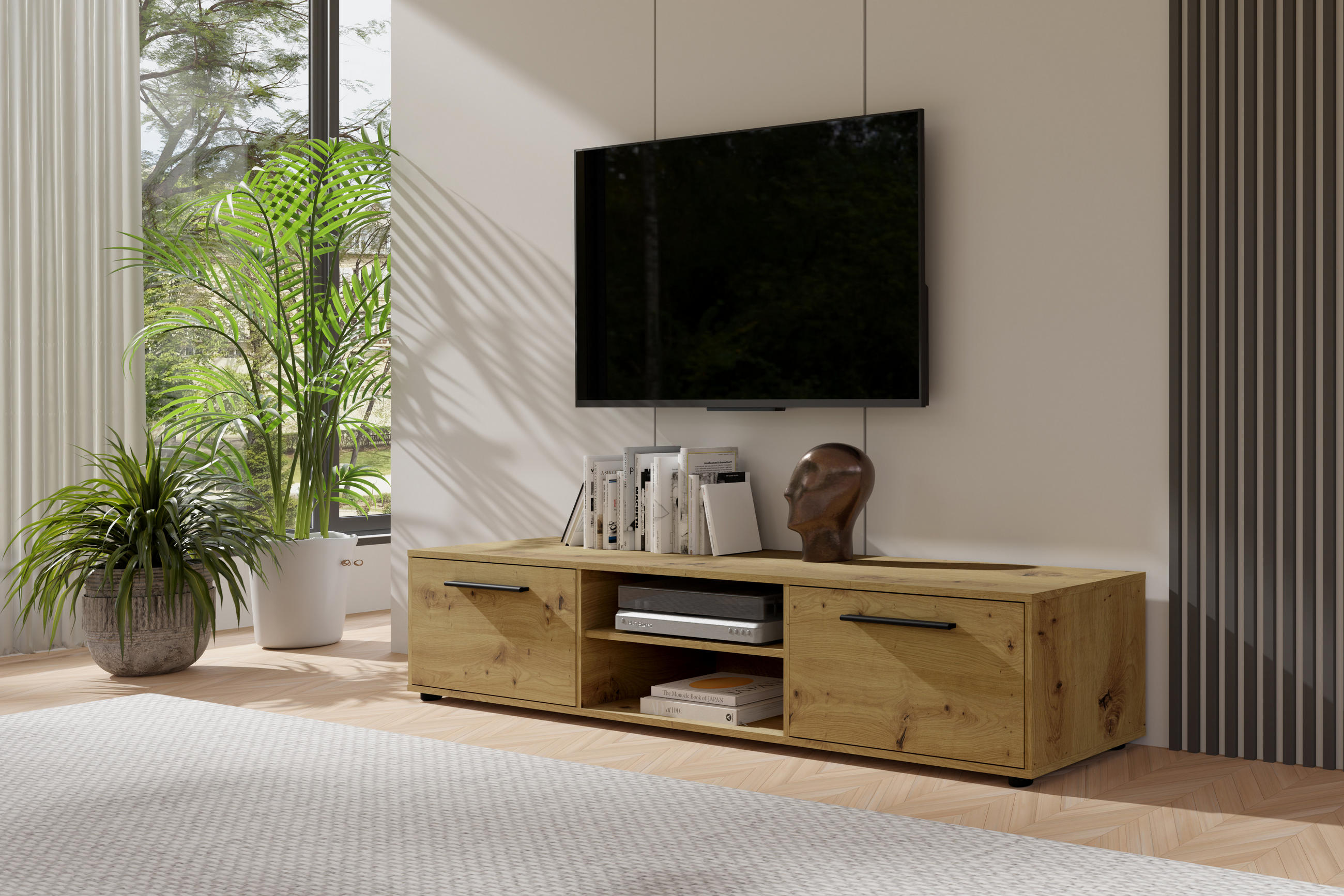 TV-SCHRANK Modena 190 cm mit Türen und Regalen in Eiche Artisan - Schwarz/Eiche Artisan, Holzwerkstoff/Kunststoff (190/38/40cm) - Ravio