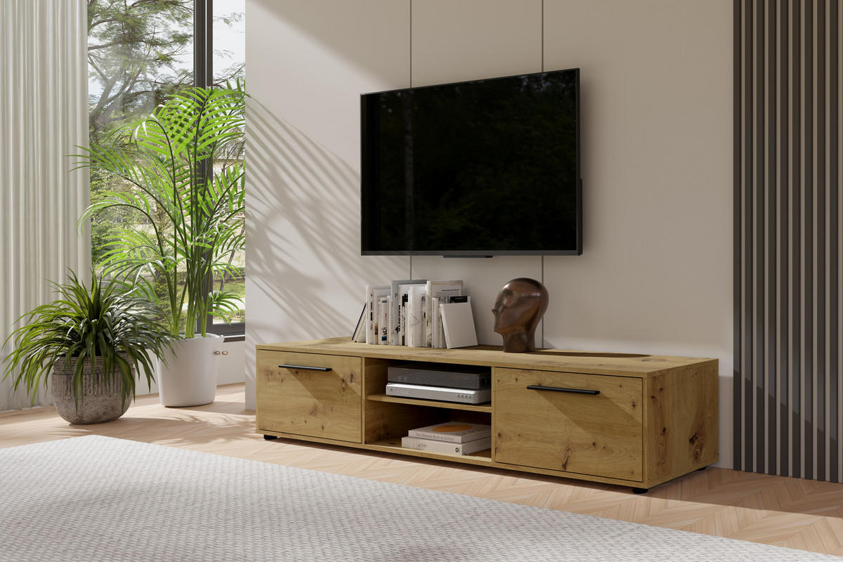 TV-SCHRANK Modena 190 cm mit Türen und Regalen in Eiche Artisan - Schwarz/Eiche Artisan, Holzwerkstoff/Kunststoff (190/38/40cm) - Ravio